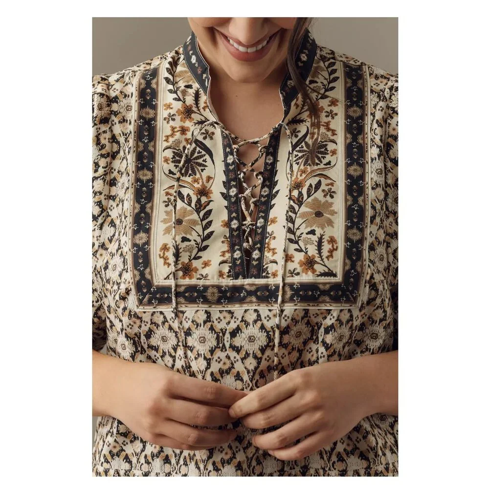 By Anthropologie Pleated Puff-Sleeve Blouse Black Motif 3X